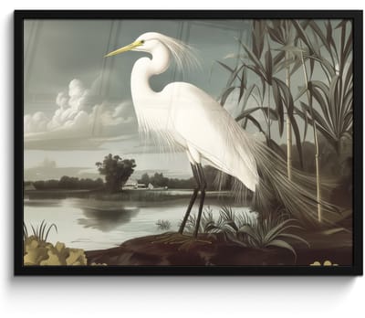 Poster in lijst - Fotolijst 70x50 cm - Posters - Reiger - Planten - Wolken - Wit - Posterlijst zwart - Decoratie - Wanddecoratie woonkamer - Muurdecoratie slaapkamer