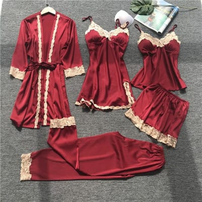 Pyjama Vijfdelige Set Sexy Kant Afwerking Nachthemd Nachtkleding Lente Zomer Vrouwen Badjas Losse Zijde Satijn Huiskleding Pijamas Pak M gray