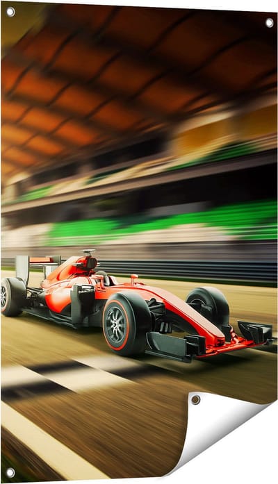 Gards Tuinposter Formule 1 Auto bij de Finish in het Rood - 60x90 cm - Tuindoek - Tuindecoratie - Wanddecoratie buiten - Tuinschilderij