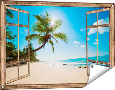 Gards Tuinposter Doorkijk Tropisch Strand en Zee in Sri Lanka - 90x60 cm - Tuindoek - Tuindecoratie - Wanddecoratie buiten - Tuinschilderij