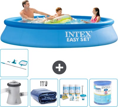Intex Rond Opblaasbaar Easy Set Zwembad - 305 x 61 cm - Blauw - Inclusief Pomp - Solarzeil - Onderhoudspakket - Filter - Schoonmaakset - 6-delig