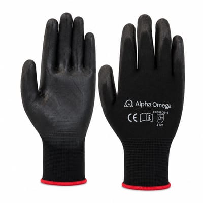 Alpha Omega Werkhandschoenen PU-Flex Zwart - 12 Paar - Maat 9/L - Veiligheidshandschoenen met PU Coating - Montagehandschoenen - Grip & Comfort