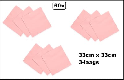 60x Servetten roze 33cm x 33cm - 3 laags - Cocktail servet diner eten knoeien restaurant BBQ thema feest verjaardag feest