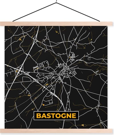 Posterhanger incl. Poster 40x40 cm - Schoolplaat - Stadskaart - Plattegrond - Bastogne - Goud - Kaart - Textielposter - Blanke latten - Stadskaart