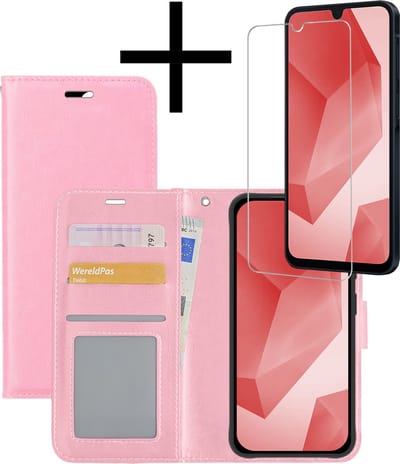 Hoesje - Met Screenprotector - Geschikt voor Samsung Galaxy A16 - Luxe Pasjeshouder - Bookcase Portemonee - Flip Case - Kunstleer Book Case - Flipcase - Book Cover - Walletcase - Portemonneehoes - Lichtroze