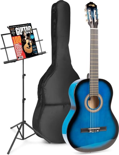 Akoestische gitaar voor beginners - MAX SoloArt klassieke gitaar / Spaanse gitaar 4/4 - Met o.a. 39'' gitaar, muziekstandaard, gitaartas, gitaar stemapparaat en extra accessoires - Blauw