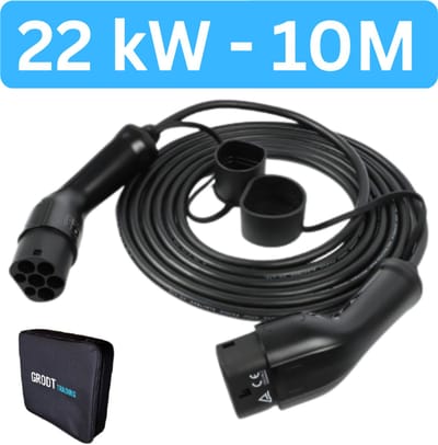 Laadkabel Type 2 | 32A 3 Fase | 22 kW | 10 meter | Inclusief laadkabel tas | IP65 | 2 Jaar garantie | Mennekes aansluiting | Laadkabel auto | Zwarte 10 meter kabel TPU | CE, ISO & RoHs gecertificeerd
