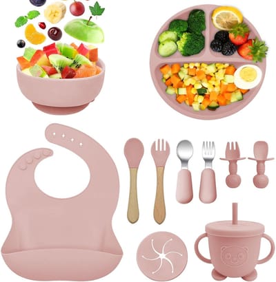 Complete 11-delige silicone baby maaltijdset met borden, kommen, bestek en slabbetjes, BPA-vrij en met zuignap voor een veilige maaltijdervaring