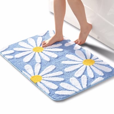 Badmat blauw en wit - schattig madeliefjes, zacht en absorberend, antislip, wasbaar - 60 x 90 cm