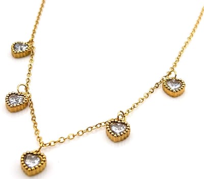 Ketting hartjes met kristallen - RVS - goudkleurig - 40-45 cm – valentijn – cadeau