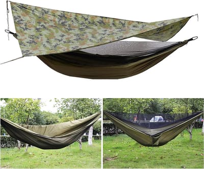 Hangmat met muggennet en tentzeil, ideaal voor kamperen en tuin, waterdicht, 200 kg draagvermogen, 290 x 140 cm, outdoor avontuur, comfortabele hangmat