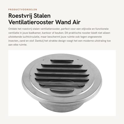 Dailygoods - Roestvrij Stalen Ventilatierooster - Wand Air Vent - Insectenbescherming - Rond - Mooi Design - Voor Badkamer en Keuken - 10 x 5 cm