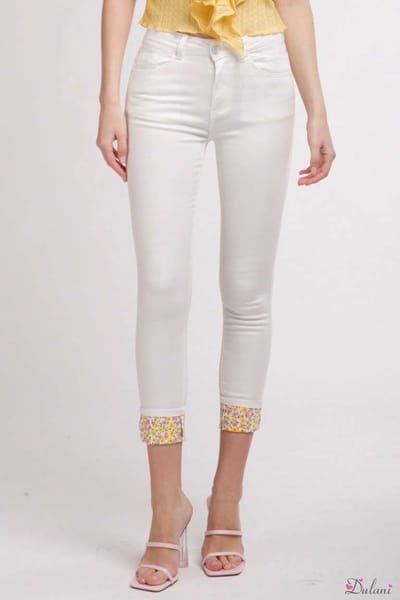Broek Toxik3 hoge taille slim met gebloemde omslag