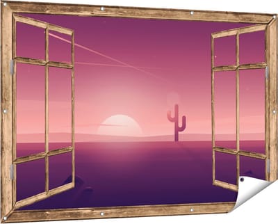 Gards Tuinposter Doorkijk Zonsondergang in de Woestijn met een Cactus - 150x100 cm - Tuindoek - Tuindecoratie - Wanddecoratie buiten - Tuinschilderij