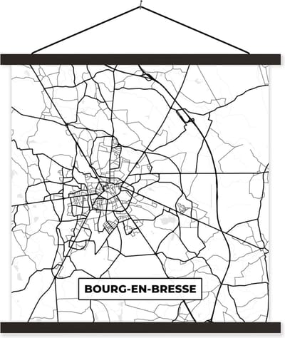 Posterhanger incl. Poster 60x60 cm - Schoolplaat - Frankrijk - Bourg-en-Bresse - Plattegrond - Stadskaart - Kaart - Zwart wit - Textielposter - Zwarte latten - Stadskaart