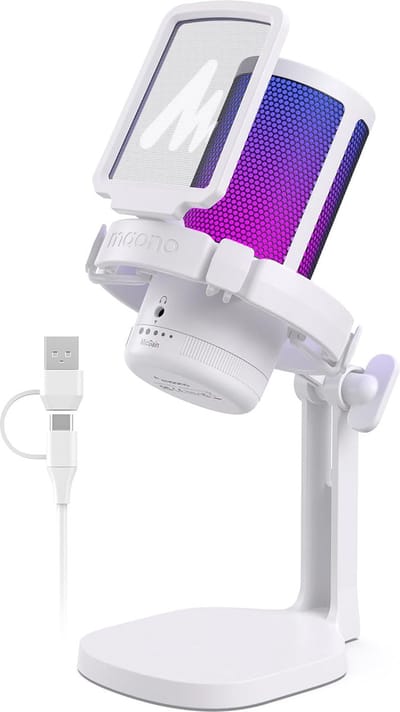 Maono DGM20 - Professionele USB Microfoon - RGB Gaming Microfoon - Studiokwaliteit Geluid - Cardioïde Richting - Voor Podcast - Streaming - Opnames - Wit