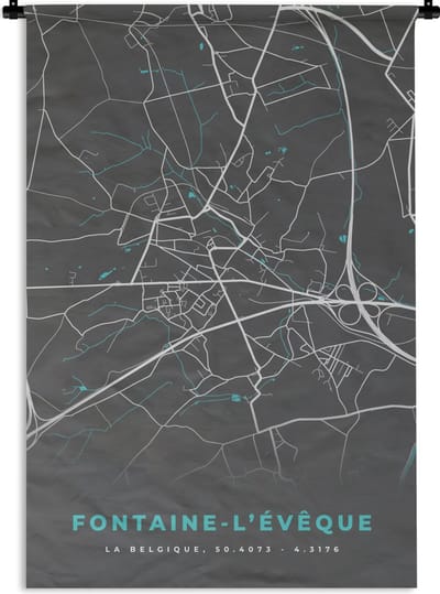 Wandkleed - Wanddoek - Stadskaart – Grijs - Kaart – Fontaine l'Évêque – België – Plattegrond - 120x180 cm - Wandtapijt
