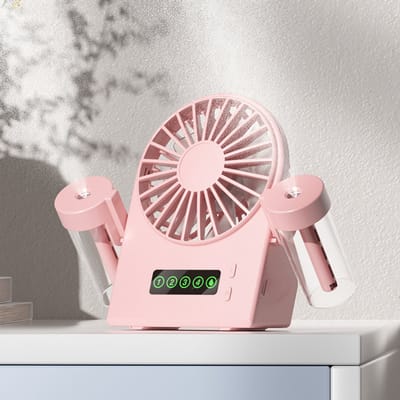 Tafelventilator met waternevel, 4 snelheidsstanden, oplaadbaar via USB, werkt op batterijen (roze)