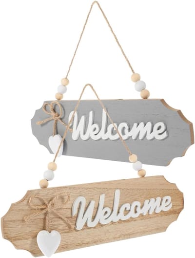 2 stuks welkomstborden - Decoratieve deurplaat - Deurhangers - Wandborden - Houten - Welkomstborden - Deurdecoratie - Dubbelzijdige hanger - Woondecoratie - 26 x 7,8 cm - Geschikt voor winkels, cafés en bruiloften - Natuurlijk hout, grijs