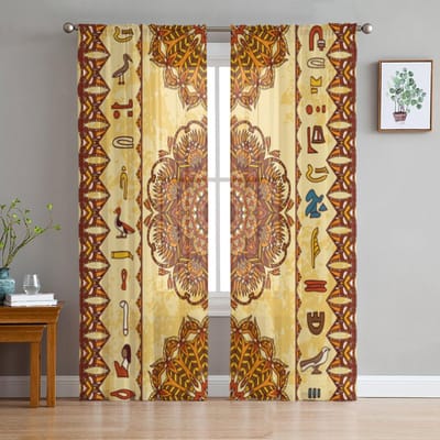 Mandala Oud Egypte Doorzichtige Gordijnen voor Woonkamer Transparante Tule Raambekleding Slaapkamer Keuken Huisdecoratie Sluier Gordijnen 135W x 114H(cm) brown