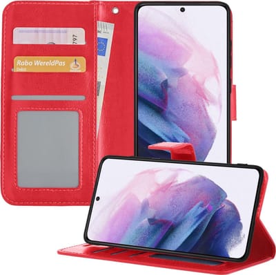Hoesje - Met Pasjeshouder - Geschikt voor Samsung Galaxy S21 - Luxe Bookcase Portemonee - Flip Case - Kunstleer Book Case - Flipcase - Book Cover - Walletcase - Portemonneehoes - Telefoonhoesjes - Rood
