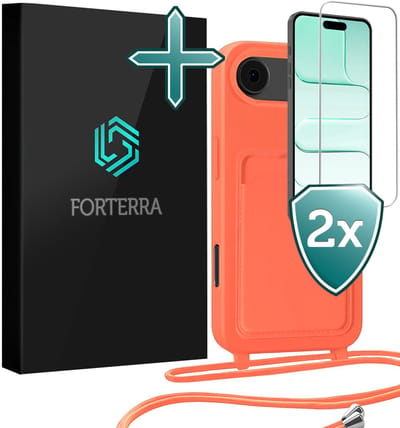 Hoesje Geschikt voor iPhone Air Pashouder Case Siliconen Hoes Met Koord Met 2x Screenprotector - Hoes Geschikt voor iPhone Air Met Telefoonkoord Hoesje Back Cover Met Pasjeshouder - Papaya