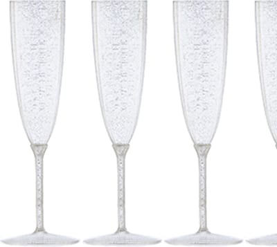 Decorline - 48 x Meervoudig gebruik kunststof champagneglazen van Glitter Zilver steelglazen Plastic Champagne Fluit voor Bruiloften, Feesten & Party, 170ml - Set van 48 - Glitter Zilver