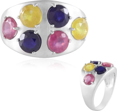 Cavill - Zilveren Ring - 925 Sterling Zilver Gerhodineerd - Madagaskar Roze, Gele en Blauwe Saffier Rond 3.6ct - Elegante Ring Vrouw Modern