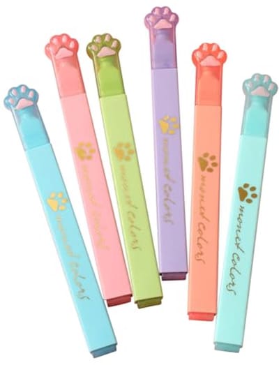 Schattige kattenpoot markeerstiften set van 6 - Pastel kleuren voor school, kantoor en creatieve projecten
