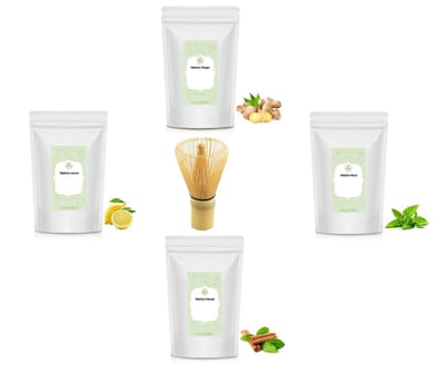 Proefpakket Matcha Thee - Inclusief Bamboe Matcha Klopper - Matcha Ginger - Matcha Munt - Matcha Kaneel - Matcha Lemon - Matcha thee - Groene thee - Matcha poeder - 4 x 15 gram