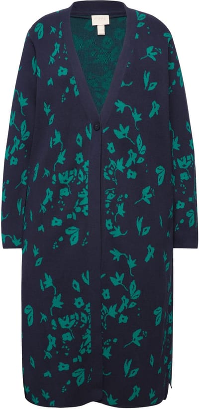 Ulla Popken - Dames - Lange cardigan bladeren V-hals biologisch katoen - Marine - Maat 42+