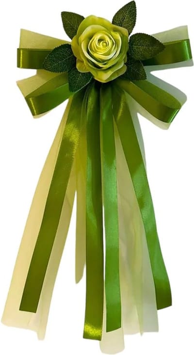 autodeco.nl SIA GROEN Handvatten Decoratie 4 stuks - Trouwauto Versiering - Groene Rozen met Linten en Tule - Bloemen voor op de Handvatten - Versiering Handvat Auto - Autoversiering voor Volgauto's