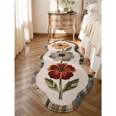 Tapis à imprimé floral vintage, Paillasson antidérapant, Tapis doux, Pliable et lavable, Convient pour le salon, la cuisine, la salle de bain, le chevet 40*60 beige