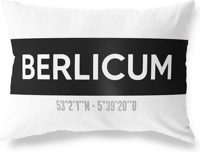Tuinkussen BERLICUM - NOORD-BRABANT met coördinaten - Buitenkussen - Bootkussen - Weerbestendig - Jouw Plaats - Studio216 - Modern - Zwart-Wit - 50x30cm