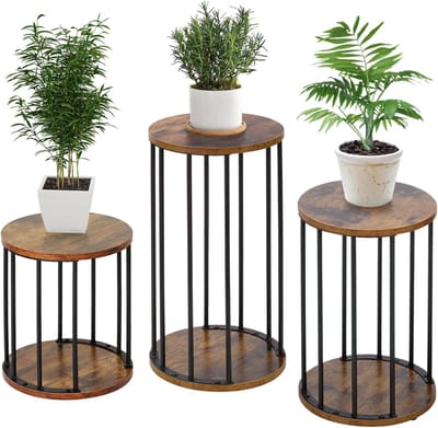 Standaards van metaal 35/45/55 cm, stevige en robuuste bloemenstandaard voor woonkamer, tuin, balkon, houten bloemenbankje, vintage bruin en zwart
