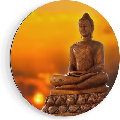 Artaza Dibond Muurcirkel Boeddha Standbeeld Bij Zonsondergang - Ø 60 cm - Wandcirkel - Rond Schilderij - Voor Binnen en Buiten