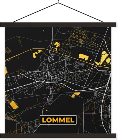 Posterhanger incl. Poster 60x60 cm - Schoolplaat - Lommel - Stadskaart - Goud - Plattegrond - Kaart - Textielposter - Zwarte latten - Stadskaart