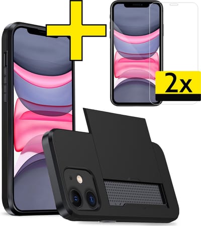 Hoesje Geschikt voor iPhone 11 Hoesje Case Pashouder Hard Cover Met 2x Screenprotector - Hoes Geschikt voor iPhone 11 Hoesje Met Kaarthouder - Zwart
