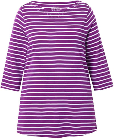 Ulla Popken - Dames - Gestreept shirt pimakatoen boothals 3/4-mouwen - Braambes - Maat 42+