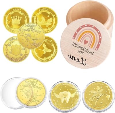 Houten Tandenborstel Set met Gouden Munt en Schattige Melktanden Doos voor Kinderen, Perfecte Verjaardagscadeaus voor Jongens en Meisjes die Hun Tanden Verliezen