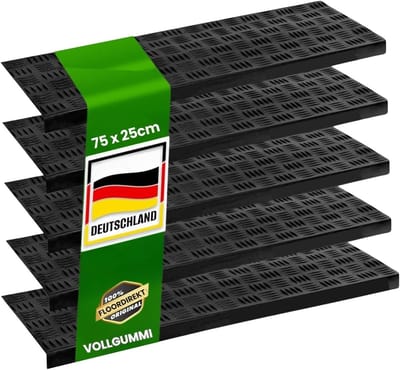 FLOORDIREKT Rubber Trapmat Madras - 25 x 75 cm - Zwart - Set Van 5 - Zelfklevend - Weerbestendige & Antislip - Traptrede Matten - Voor Buiten - Antislip Matten