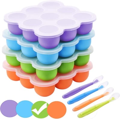 Diepvriesbakjes voor Babyvoeding met Siliconen Deksel, 75 ML X 9 Pods Babymaaltijd Bakjes voor Invriezen, Makkelijk Verwijderbaar Babyvoeding Opslagcontainers voor Vaatwassers, Magnetrons (Groen)