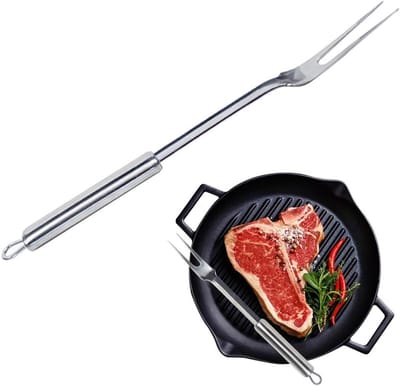 Grillvork van roestvrij staal met ovale handgreep, lange handgreep en ophangring voor keuken, restaurant en buitenactiviteiten, vaatwasmachinebestendig.