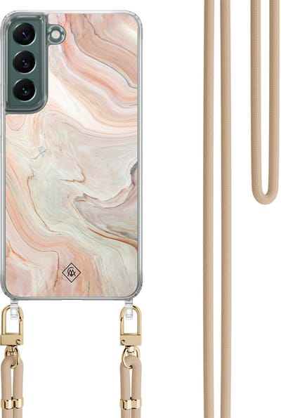 Casimoda® hoesje met beige koord - Geschikt voor Samsung S22 Plus - Marmer Waves - Afneembaar koord - TPU/polycarbonaat - Bruin/beige