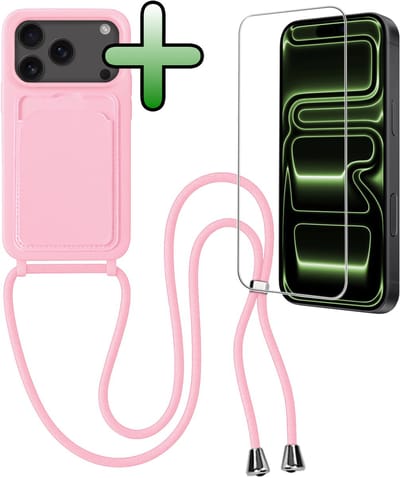 Hoes Geschikt voor iPhone 17 Pro / 18 Pro Hoesje Pas Houder Case Hoes Met Koord Met Screenprotector - Hoesje Geschikt voor iPhone 17 Pro / 18 Pro Hoes Met Telefoonkoord Pasjeshouder Cover - Lichtroze