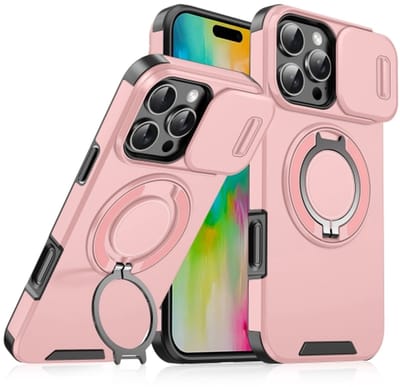 Backcover Hoes Geschikt voor: Apple iPhone 16 Pro Max - Magnetische Ringhouder met Sliding Lens Camshield - Roze