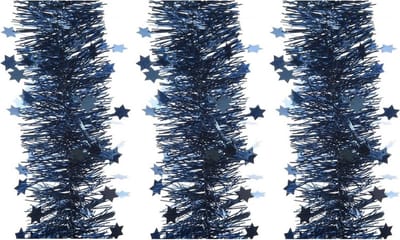 Decoris Kerstslinger - 3x - sterren - donkerblauw - 270 x 10 cm - lametta/folie - kerstboomslinger