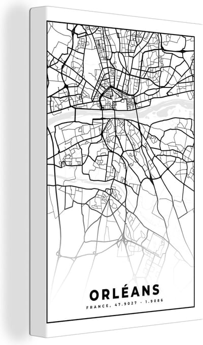Canvas Schilderij Frankrijk - Kaart - Orléans - Plattegrond - Stadskaart - Zwart wit - 20x30 cm - Wanddecoratie