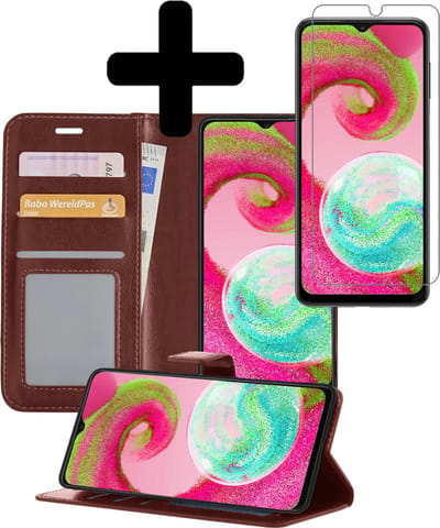 Hoesje - Met Screenprotector - Geschikt voor Samsung Galaxy A04s - Luxe Pasjeshouder - Bookcase Portemonee - Flip Case - Kunstleer Book Case - Flipcase - Book Cover - Walletcase - Portemonneehoes - Telefoonhoesjes - Bruin