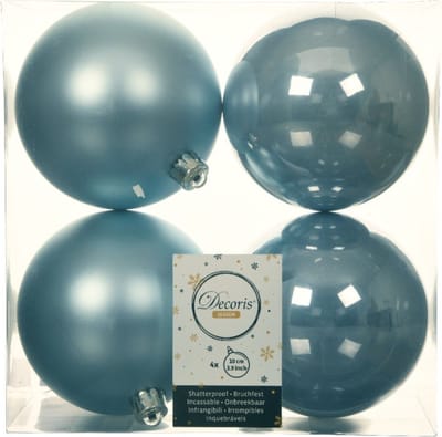 Decoris Grote kerstballen - 4x stuks - kunststof - lichtblauw - 10 cm - kerstversiering